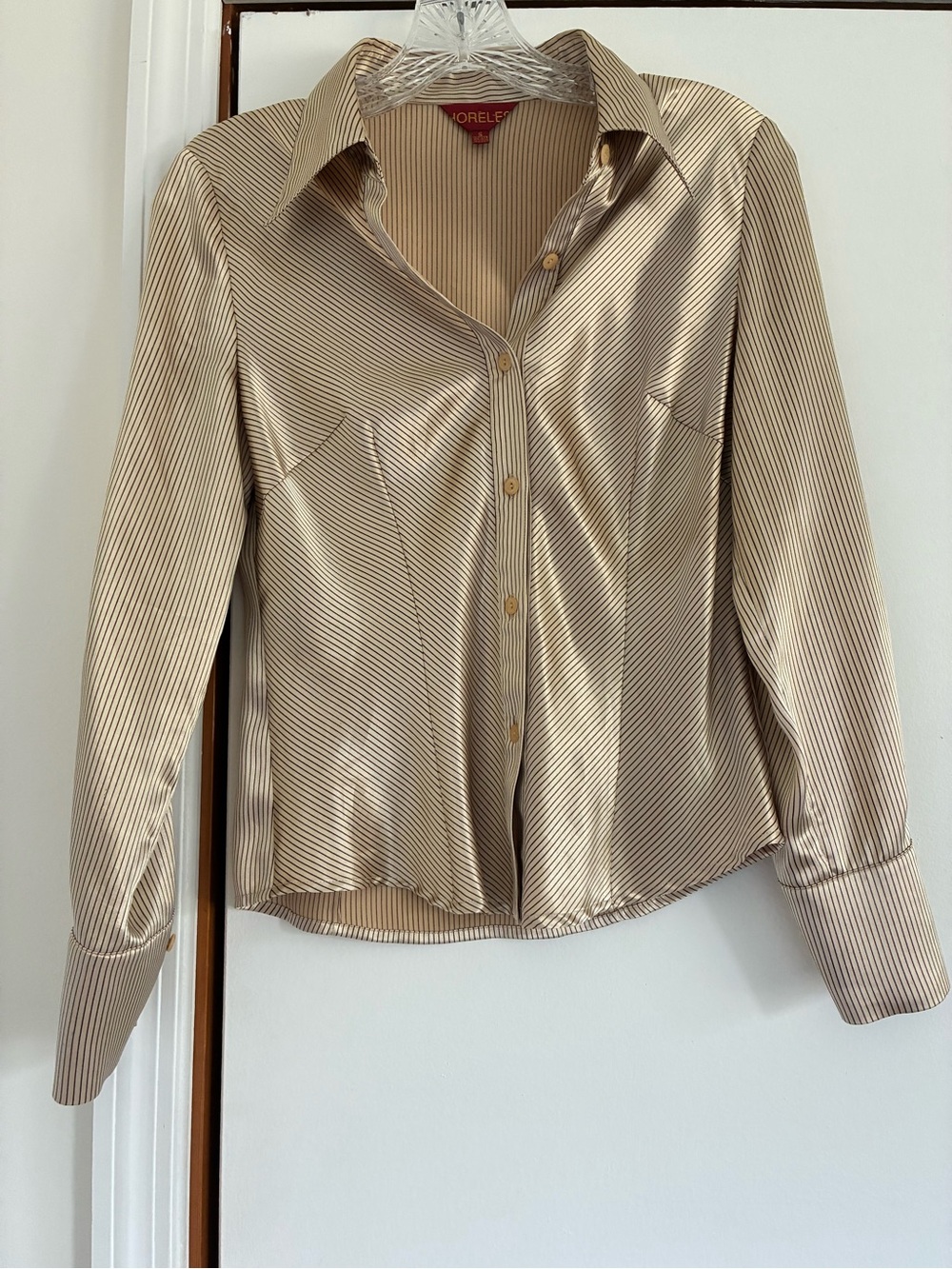 Women’s gold and brown Striped Satin Button-Down Shirt